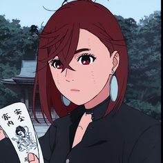 an anime character with red hair holding up a piece of paper in front of her face