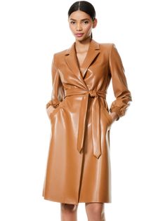 Tamesha Vegan Leather Coat | Alice And Olivia Luxury Long Coat For Fall, Designer Leather Spring Outerwear, Designer Leather Outerwear For Spring, Designer Belted Leather Jacket For Fall, Elegant Belted Leather Jacket For Fall, Leather Long Coat For Fall, Chic Belted Leather Outerwear, Luxury Leather Jacket For Fall, Luxury Leather Outerwear For Fall