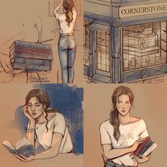 three different pictures of a woman reading a book