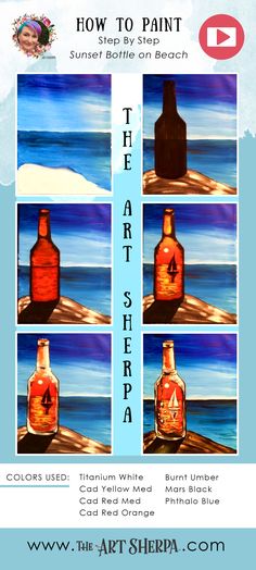 an advertisement for the art sherpa show featuring three bottles with different colors and sizes