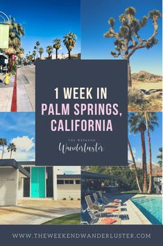 palm trees and buildings with the words 1 week in palm springs, california