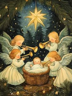 three little angels are playing trumpet in front of a christmas tree with the birth of jesus