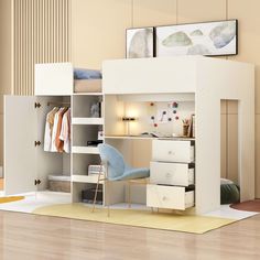 a room with a bed, desk and shelves on the floor next to a chair