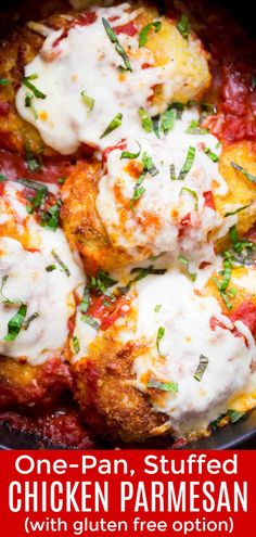 chicken parmesan in a skillet topped with sour cream sauce and fresh herbs