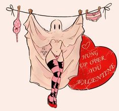 a drawing of a woman hanging up over her valentine's day message