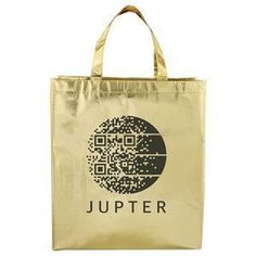 a gold shopping bag with the word jupter printed on it and a qr code