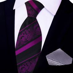 Elevate Your Style with Sophistication: The Black and Purple Paisley Silk Necktie In the realm of men's fashion, the necktie serves as a quintessential accessory, adding a touch of refinement and personality to any ensemble. Prepare to make a statement with our latest creation: the Black and Purple Paisley Silk Necktie. Meticulously crafted with a detailed paisley pattern in striking shades of black and purple, this exquisite accessory exudes elegance and sophistication. Design and Options: Our Elegant Ties For Black-tie Events, Elegant Ties With Pocket Square For Black-tie Events, Elegant Purple Party Ties, Formal Purple Neckwear With Ties, Elegant Black Neckwear With Inside Ties, Elegant Purple Neckwear For Black Tie Event, Elegant Black Neckwear For Business, Formal Purple Standard Tie, Elegant Pocket Square For Formal Occasions