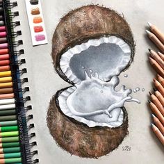 a drawing of an open coconut with water coming out of it and colored crayons next to it