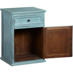 a wooden cabinet with one drawer open and the other closed on both sides, against a white background