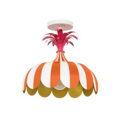 an orange and white striped tent with a pink flower on top is suspended from the ceiling