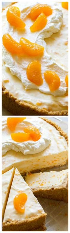 there are several slices of cheesecake with oranges on top and the rest of the pie