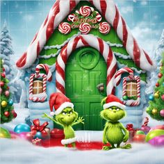 the grin's christmas greeting card is displayed in front of a house with candy canes