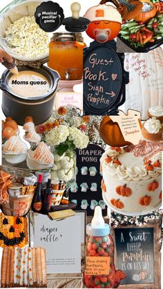 a collage of food and drink items with the words guest sign pumpkin on them