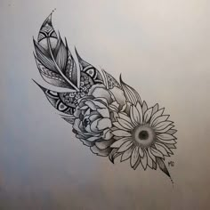 a drawing of a flower with feathers on it