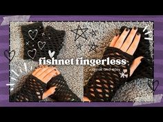 two photos of hands wearing knitted fingerless gloves with hearts and stars on them