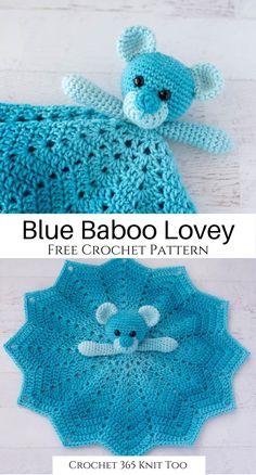 two crocheted teddy bears on top of each other with the words blue baboo i lovey