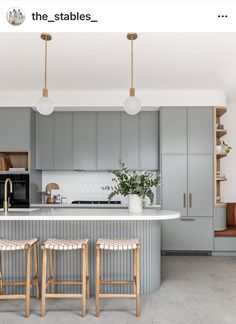 two stools are in front of the kitchen island