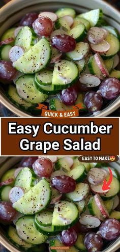 two bowls filled with grapes and cucumbers