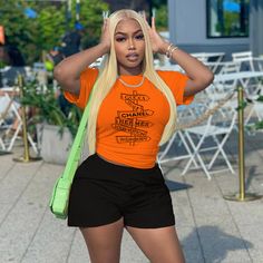 Summer Short Sleeve T-shirts Casual Two Piece Short Sets Orange Summer Tops With Text Print, Orange Text Print Top For Summer, Orange Short Sleeve Top With Letter Print, Casual Orange Tops With Letter Print, Two Piece Short Set, Summer Shorts, 1 Million, Short Sets, Casual Shirts