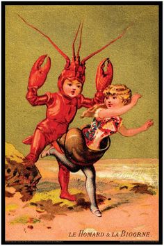 two children dressed as lobsters playing on the beach