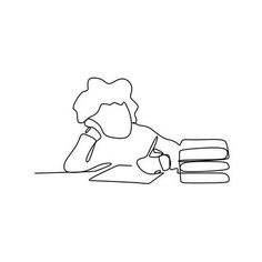 a person sitting at a table with an apple in front of them, one line drawing