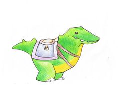 a drawing of a dinosaur wearing a backpack