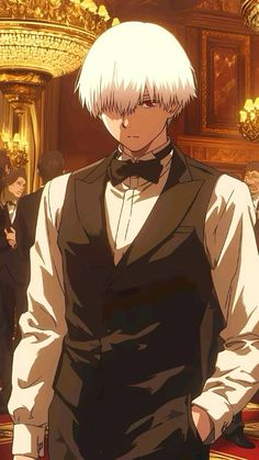 an anime character with white hair wearing a black vest and bow tie standing in front of a golden room