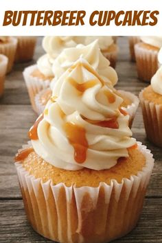 cupcakes with white frosting and caramel drizzled on top