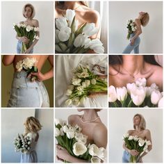 a collage of photos with white flowers