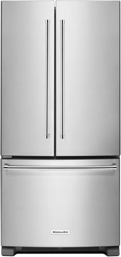 a stainless steel refrigerator freezer with two doors and one door on the bottom shelf