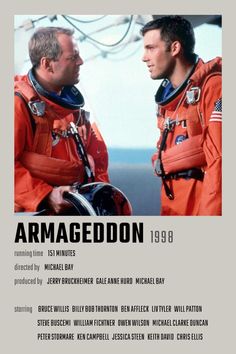 two men in space suits standing next to each other on the cover of armagedon