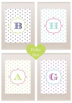 four colorful polka dot wall art prints with the letter b, c, and h