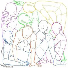 a drawing of several people sitting in a circle with their hands on their hipss