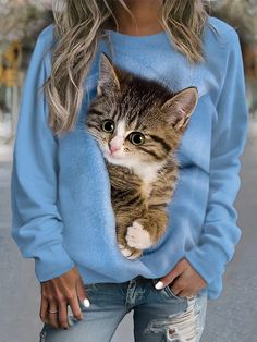 Casual Street Style Women's Cat Print Sweatshirt Pullover Blue Casual Stretch Sweatshirt, Blue Stretch Casual Sweatshirt, Casual Blue Stretch Sweatshirt, Casual Stretch Blue Sweatshirt, Fitted Casual Sweatshirt For Spring, Trendy Blue Sweatshirt With Pockets, Blue Stretch Sweatshirt For Spring, Trendy Fitted Sweatshirt For Spring, Trendy Fitted Spring Sweatshirt