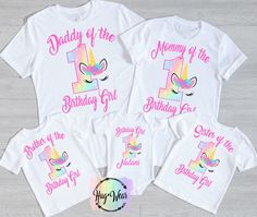 three birthday shirts with unicorn faces and the number one on them