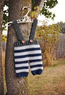 two crocheted blue and white striped mitts hanging from a tree with the words pattern on it