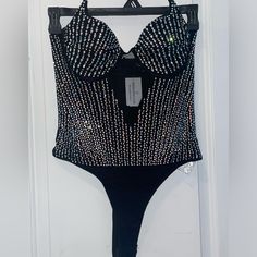 This Is A Gorgeous Strapless Bejeweled Bodysuit Perfect For Clubbing, Festivals Or Under A Jacket For Formals Size L New With$48.87 Tag Black With Iridescent Gems Smooth Zipper In Back Underwire Sheer Front Snap Crotch Extra Gems Nylon/Spandex Lining Is Polyester/Spandex Clean Smoke Free Home Thank You For Looking! Bejeweled Bodysuit, Burlesque Outfit, Circus Outfits, Dirty 30, Black Jewel, Body Suit, Windsor, Polyester Spandex, Circus