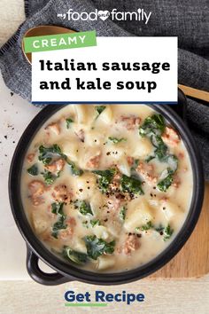 a bowl of pasta and kale soup on a cutting board