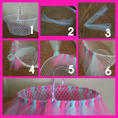 instructions for how to make a netted basket with tulle and pom - poms