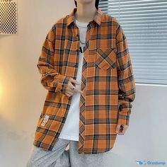 OrcaJump - Stylish Relaxed Fit Plaid Brown Shirt for Youthful Casual Fashion Oversized Plaid Shirts, Plaid Brown, Blouse Man, Brown Shirt, Plaid Blouse, Style Cardigan, Check Shirt, Lapel Collar, Green And Orange