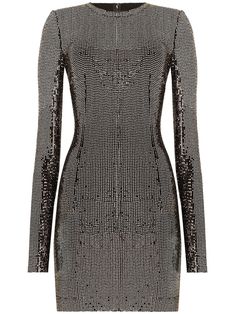 silver-tone metallic finish sequin embellishment round neck long sleeves stretch-design above-knee length straight hem Plaid Cocktail Dress, Metallic Mini Dresses, Sequin Embellishment, Dress Gallery, High Fashion Outfits, Dolce Gabbana Dress, Rocker Chic, Dolce E Gabbana, Long Sleeve Mini