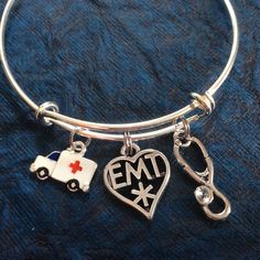 Stethoscope Ambulance and EMT Medical Charm on a Silver Expandable Adjustable Bangle Doctor Pendant, Emt Gifts, Best Gifts For Doctors, Nurse Bracelet, Nurse Organization