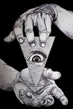 two hands holding an object in the shape of a triangle, with one hand over another's eye