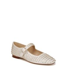 Make an entrance with Michaela. Not your average mary jane flat, this party-ready flat features a gem-encrusted upper that's sure to turn heads. Heel Height: . 37 inches. Toe: Square Toe/li>Closure: Buckle. Material: Fabric. Insole: Leather. | Sam Edelman Women's Michaela Gem Mary Jane, Ivory, 8M Designer Flats, Mary Jane Flats, Sam Edelman, Mary Janes, Entrance, Heel Height, Gems, Buckle, Women Shoes