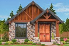 this is a computer rendering of the front elevation of a house with stone and wood accents