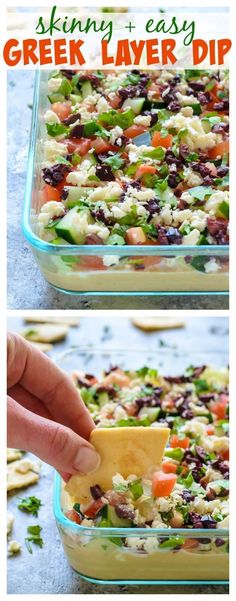 a hand dipping a tortilla chip into a casserole dish with green and black beans