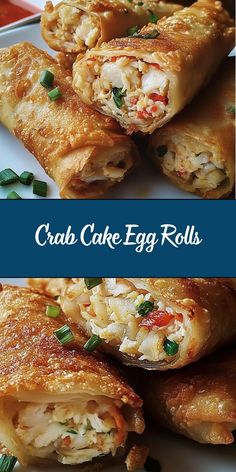 crab cake egg rolls on a white plate