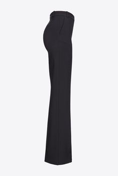 Elegant high-waisted women's trousers in stretch crepe fabric. The leg is characterised by a close-fitting line down to the knee, which widens as it proceeds to the bottom, with French pockets at the hips and a central pleat at both front and back. Zip and covered hook fastening. Elegant Stretch Flares, Elegant Stretch Straight Leg Flares, Elegant Stretch Flares With Straight Leg, Full-length Elastane Bottoms For Business, Sleek Tailored Wide Leg Pants, Tailored Elastane Pantsuit, Tailored Elastane Straight Pants, Tailored Straight Elastane Pants, Formal Stretch Wide-leg Bottoms