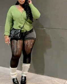 Cute Party Outfits Plus Size, Green Cardigan Outfit Black Women, Platform Crocs Outfits Black Women, Cocktail Lounge Outfit, Sweater Vest Outfit Black Women, Combat Boot Outfits Plus Size, Plus Size Fall Outfit