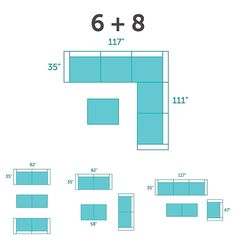 a blue couch with the numbers 6 and 8 on it's side, as well as measurements